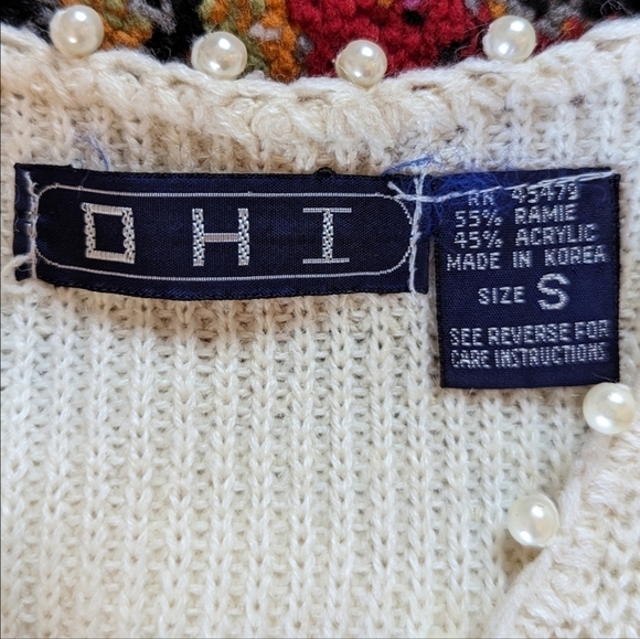 Vintage OHI Cottagecore Cap Sleeve Cream Ramie Rayon Sweater Pearl Beading Top S - Picture 4 of 7